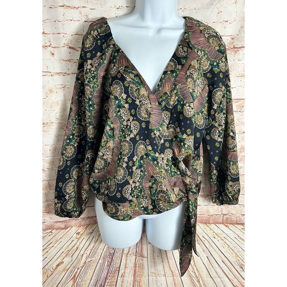 Point Sur J.Crew Paisley Satiny Crepe Wrap Tie Blouse Size XS Long-Sleeve Top - Picture 6 of 6